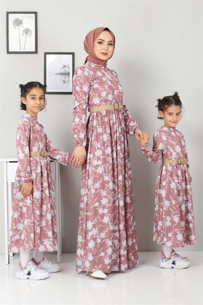 Modamihram - Çiçekli Çocuk Elbise Gül Kurusu MİH10025 (1)