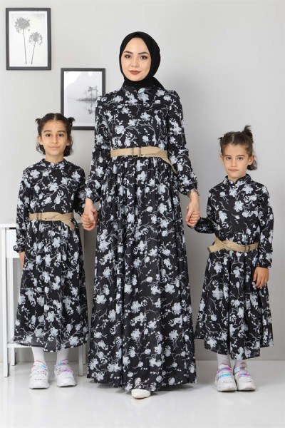 Modamihram - Çiçekli Çocuk Elbise Siyah MİH10025 (1)