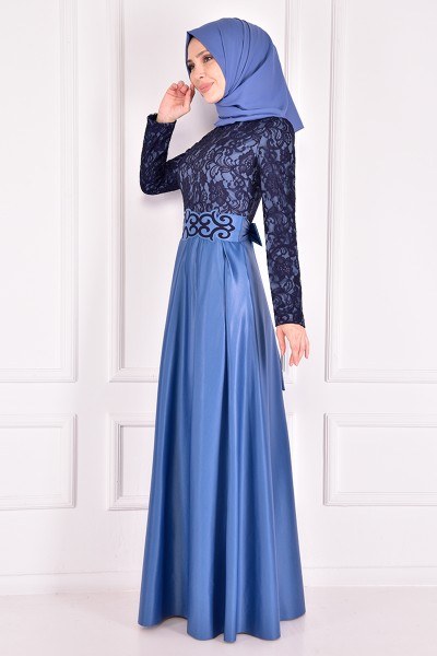 ASM - Dantel Detay Abiye Elbise Mavi ASM2133 (1)