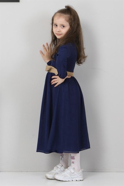Modamihram - Desenli Şifon Çocuk Elbise İndigo MİH10119 (1)