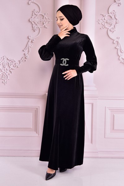 EFY - Kadife Elbise Siyah EFY30070 (1)