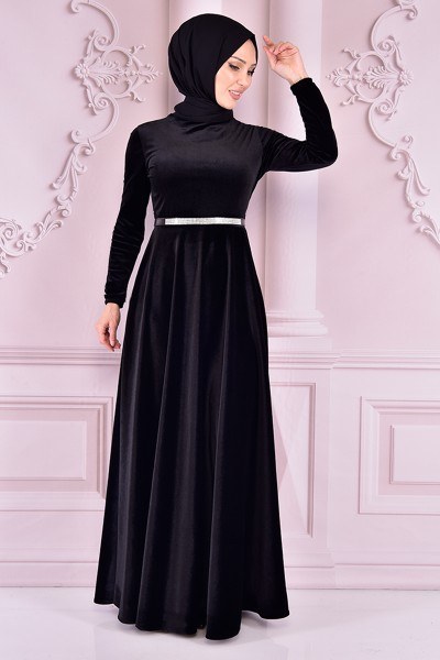 EFY - Kemerli Kadife Elbise Siyah EFY30010 (1)