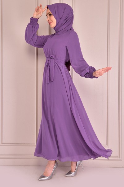 END - Kuşaklı Şifon Elbise Lila END2075 (1)