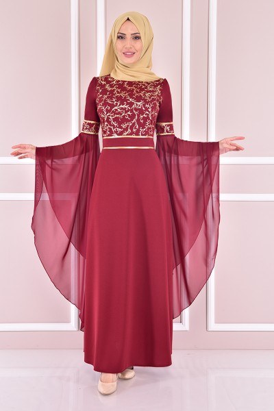 ASM - Gold Varaklı Abiye Elbise Bordo ASM2059 (1)