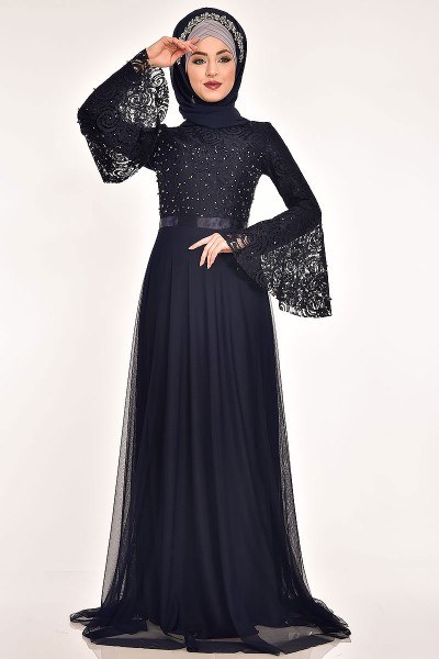 ASM - Taş Detaylı Dantel Abiye Elbise Lacivert ASM2167 (1)