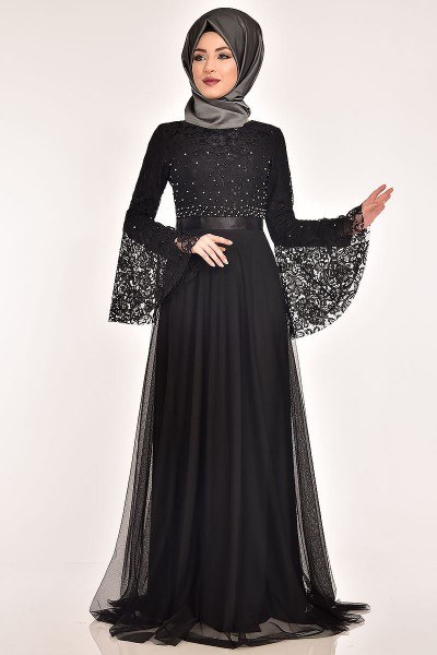 ASM - Taş Detaylı Dantel Abiye Elbise Siyah ASM2167 (1)