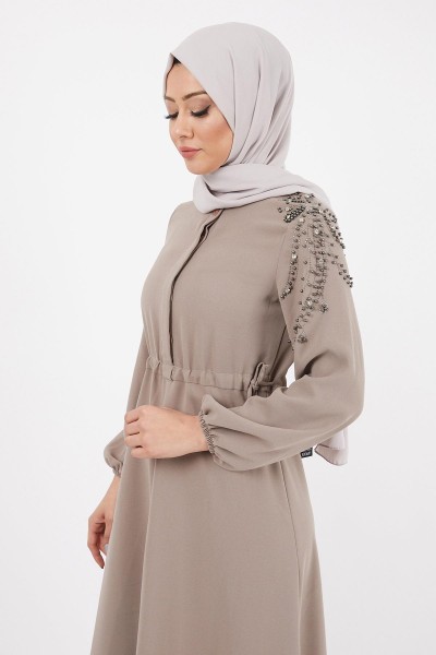 Modamihram - Taş Detaylı Elbise Vizon MİH12227 (1)